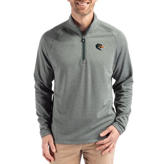 Men's Cutter & Buck Heather Green UAB Blazers Peshastin Eco Fleece Tri-Blend Raglan Recycled Quarter-Zip Jacket