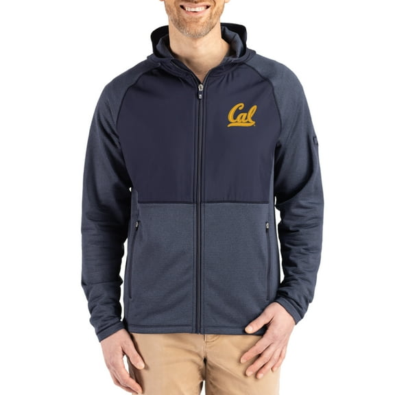 Men's Cutter & Buck Heather Navy Cal Bears Peshastin Eco Fleece Recycled Raglan Full-Zip Tri-Blend Hybrid Jacket