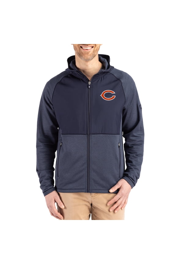 Men's Cutter & Buck Heather Navy Chicago Bears Peshastin Eco Fleece Recycled Raglan Full-Zip Tri-Blend Hybrid Jacket