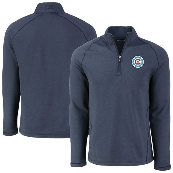 Men's-Cutter & Buck  Heather Navy Chicago Fire Peshastin Eco Fleece Recycled Raglan Quarter-Zip Top