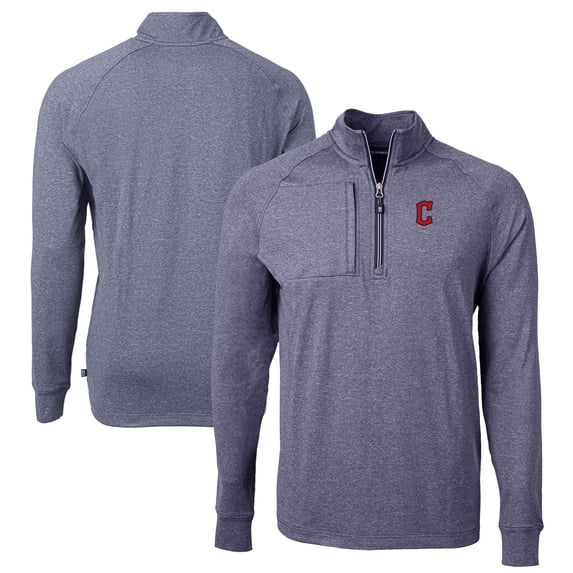Men's Cutter & Buck Heather Navy Cleveland Guardians Adapt Eco Knit Stretch Recycled Quarter-Zip Pullover Top