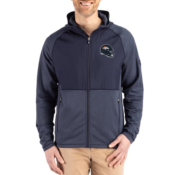 Men's Cutter & Buck  Heather Navy Denver Broncos Peshastin Eco Fleece Recycled Raglan Full-Zip Tri-Blend Hybrid Jacket