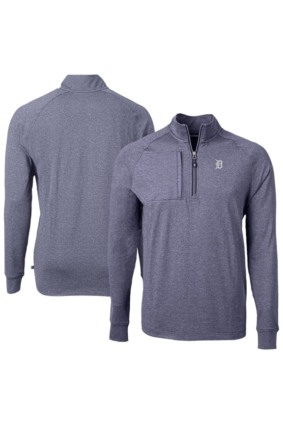 Men's Cutter & Buck Heather Navy Detroit Tigers Adapt Eco Raglan Quarter-Zip Jacket