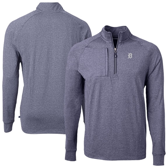 Men's Cutter & Buck Heather Navy Detroit Tigers Adapt Eco Raglan Quarter-Zip Jacket