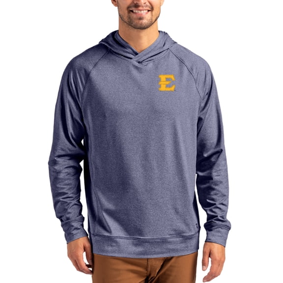 Men's Cutter & Buck Heather Navy ETSU Buccaneers Primary Logo Adapt Knit Raglan Pullover Hoodie