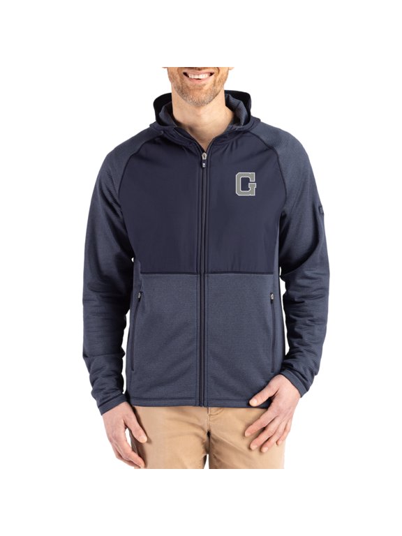 Men's Cutter & Buck Heather Navy Georgetown Hoyas Peshastin Eco Fleece Recycled Raglan Full-Zip Tri-Blend Hybrid Jacket