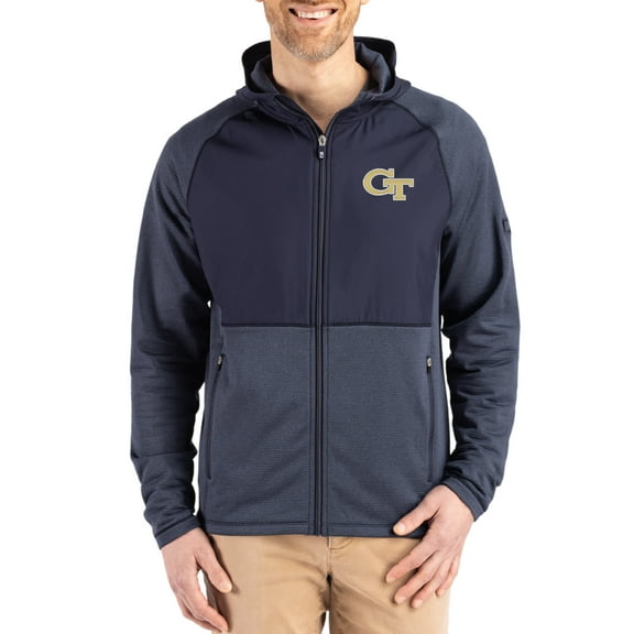 Men's Cutter & Buck Heather Navy Georgia Tech Yellow Jackets Peshastin Eco Fleece Recycled Raglan Full-Zip Tri-Blend
