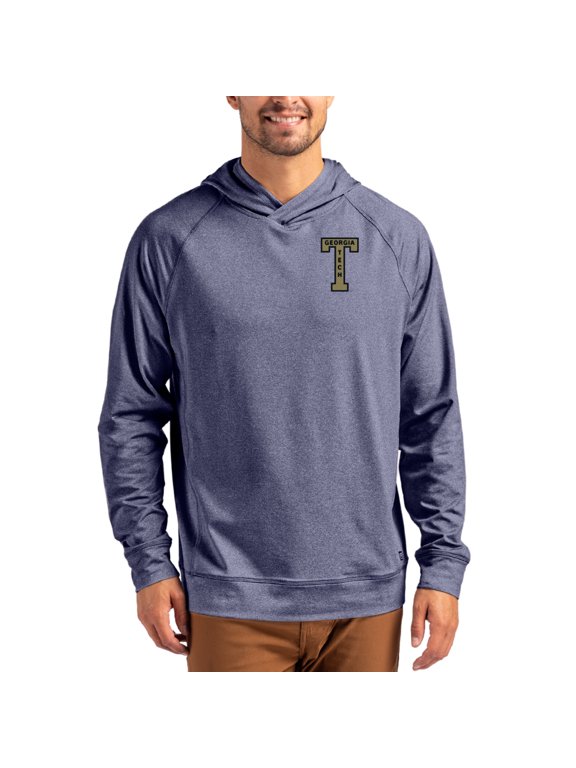 Men's Cutter & Buck Heather Navy Georgia Tech Yellow Jackets Vault Logo Adapt Knit Raglan Pullover Hoodie