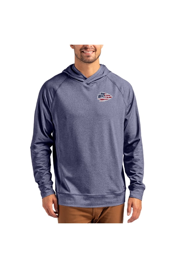 Men's Cutter & Buck Heather Navy Kansas City Chiefs Adapt Americana Knit Recycled Raglan Pullover Hoodie