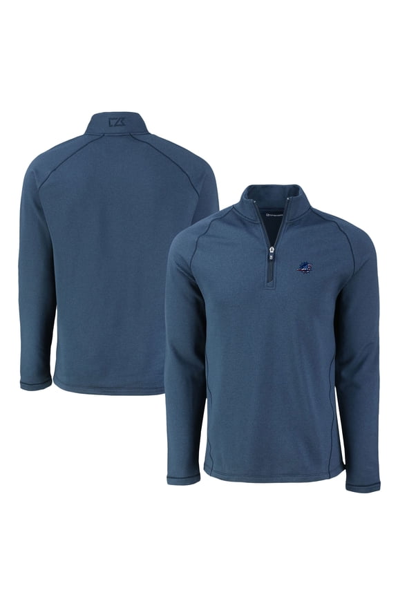 Men's Cutter & Buck Heather Navy Miami Dolphins Peshastin Eco Fleece Tri-Blend Raglan Recycled Quarter-Zip Jacket