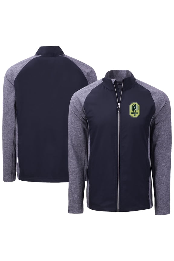 Men's-Cutter & Buck Heather Navy Nashville SC Adapt Eco Knit Hybrid Recycled Full-Zip Jacket