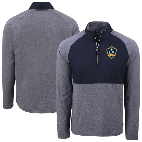 Men's-Cutter & Buck Heather Navy/Navy LA Galaxy Adapt Eco Knit Hybrid Recycled Raglan Quarter-Zip Pullover Top