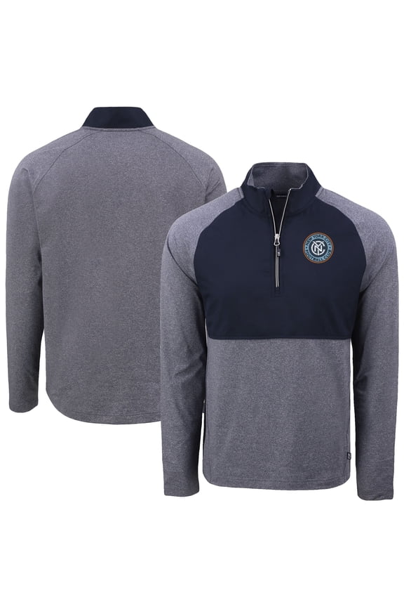 Men's-Cutter & Buck Heather Navy/Navy New York City FC Adapt Eco Knit Hybrid Recycled Raglan Quarter-Zip Pullover Top