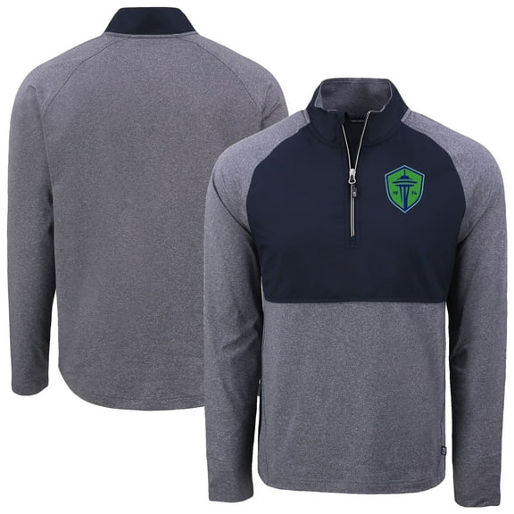 Men's-Cutter & Buck Heather Navy/Navy Seattle Sounders FC Adapt Eco Knit Hybrid Recycled Raglan Quarter-Zip Top