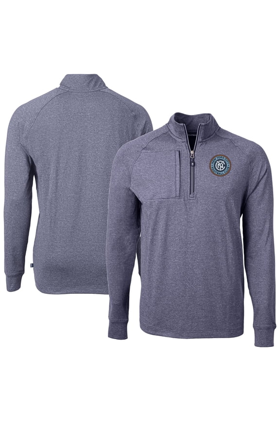 Men's-Cutter & Buck Heather Navy New York City FC Adapt Eco Knit Heather Raglan Quarter-Zip Pullover Top