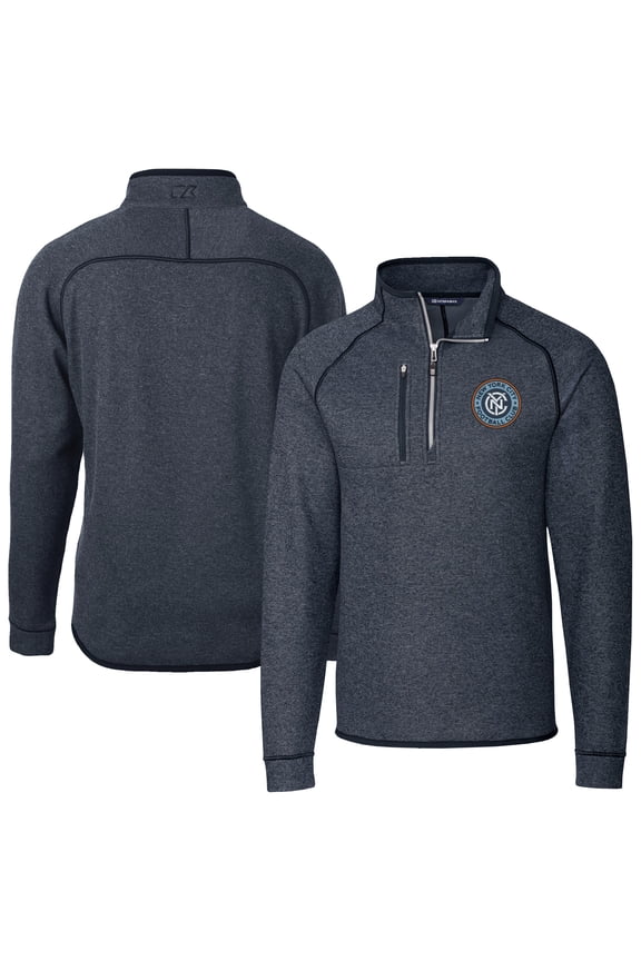 Men's-Cutter & Buck Heather Navy New York City FC Big & Tall Mainsail Sweater-Knit Half-Zip Pullover Top