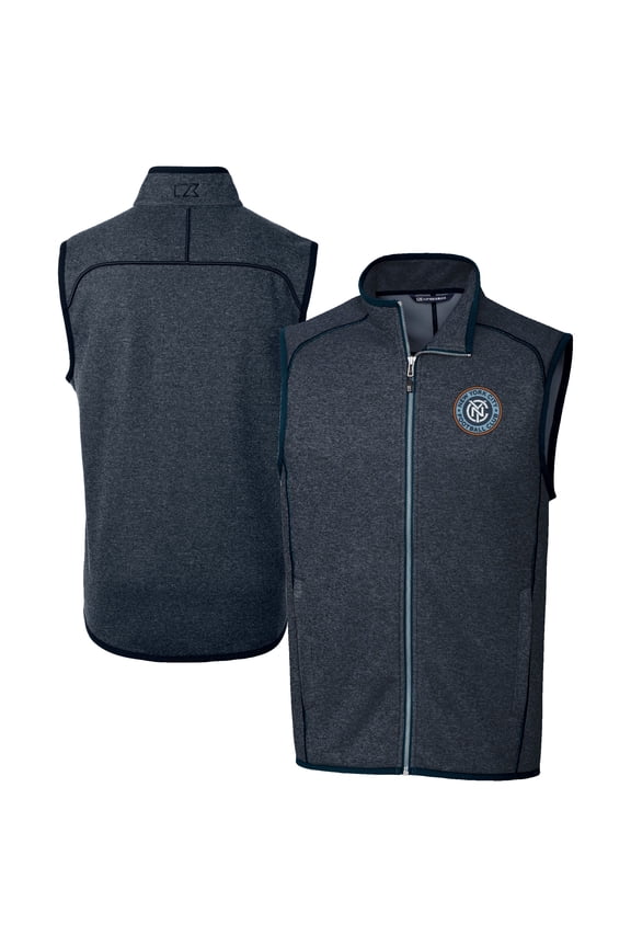 Men's Cutter & Buck Heather Navy New York City FC Mainsail Sweater-Knit Full-Zip Vest