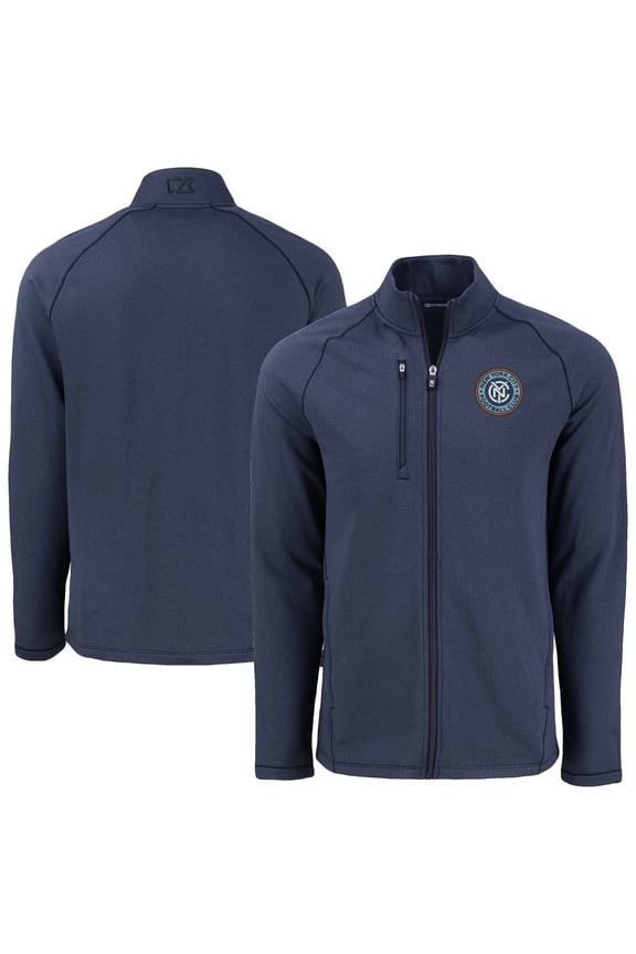 Men's-Cutter & Buck Heather Navy New York City FC Peshastin Eco Fleece Recycled Raglan Full-Zip Jacket