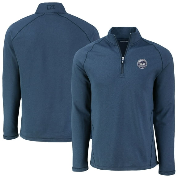 Men's Cutter & Buck Heather Navy New York Mets Peshastin Eco Fleece Recycled Raglan Quarter-Zip Top