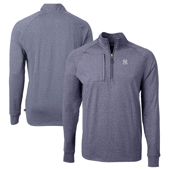 Men's Cutter & Buck Heather Navy New York Yankees Adapt Eco Knit Stretch Recycled Quarter-Zip Pullover Top