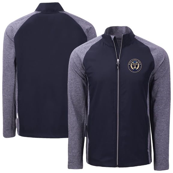 Men's-Cutter & Buck Heather Navy Philadelphia Union Adapt Eco Knit Hybrid Recycled Full-Zip Jacket