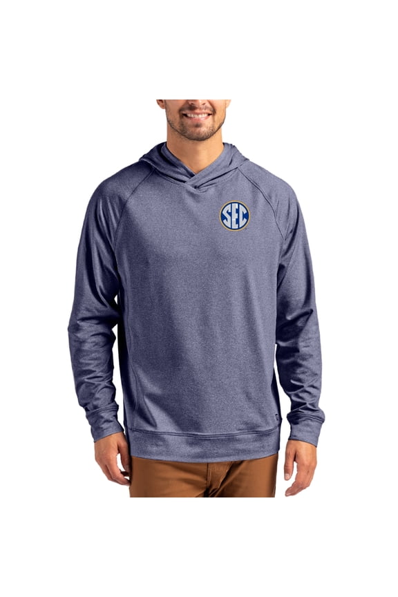 Men's Cutter & Buck Heather Navy SEC Logo Adapt Knit Raglan Pullover Hoodie