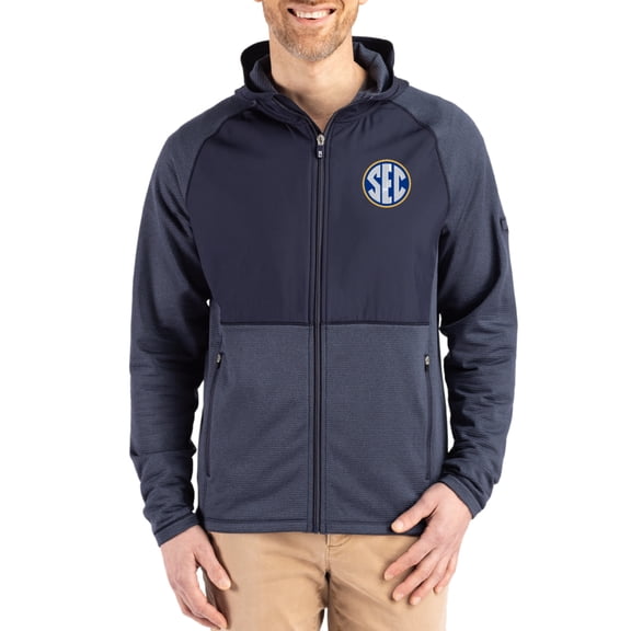 Men's Cutter & Buck Heather Navy SEC Peshastin Eco Fleece Recycled Raglan Full-Zip Tri-Blend Hybrid Jacket