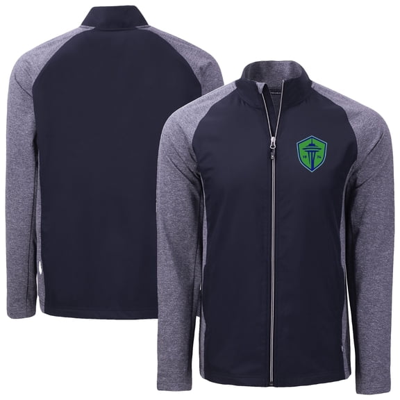 Men's-Cutter & Buck Heather Navy Seattle Sounders FC Adapt Eco Knit Hybrid Recycled Full-Zip Jacket
