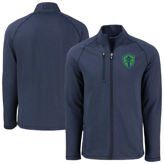 Men's-Cutter & Buck Heather Navy Seattle Sounders FC Peshastin Eco Fleece Recycled Raglan Full-Zip Jacket