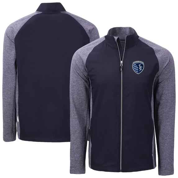 Men's-Cutter & Buck Heather Navy Sporting Kansas City Adapt Eco Knit Hybrid Recycled Full-Zip Jacket