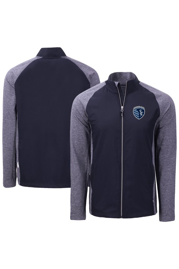 Men's-Cutter & Buck  Heather Navy Sporting Kansas City Adapt Eco Knit Hybrid Recycled Full-Zip Jacket