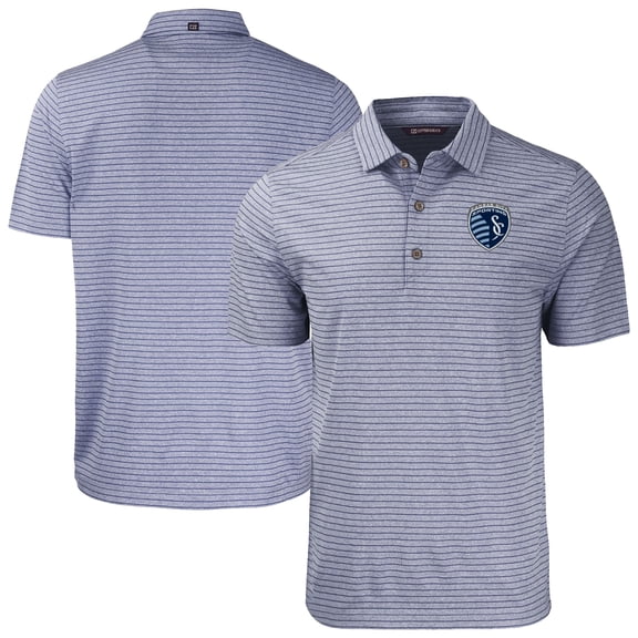 Men's-Cutter & Buck Heather Navy Sporting Kansas City Forge Eco Heather Stripe Stretch Recycled Polo