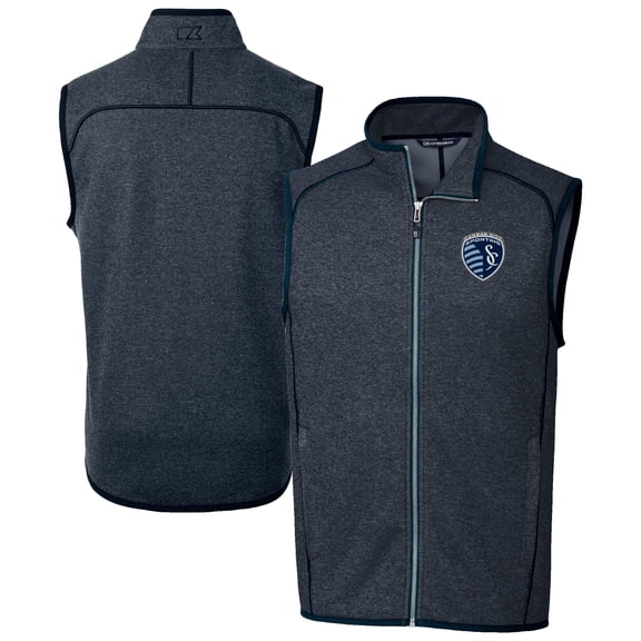 Men's-Cutter & Buck Heather Navy Sporting Kansas City Mainsail Sweater-Knit Full-Zip Vest