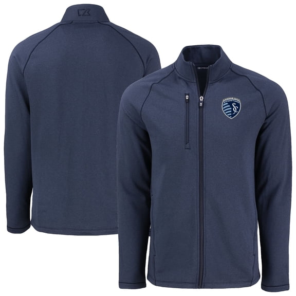 Men's-Cutter & Buck  Heather Navy Sporting Kansas City Peshastin Eco Fleece Recycled Raglan Full-Zip Jacket
