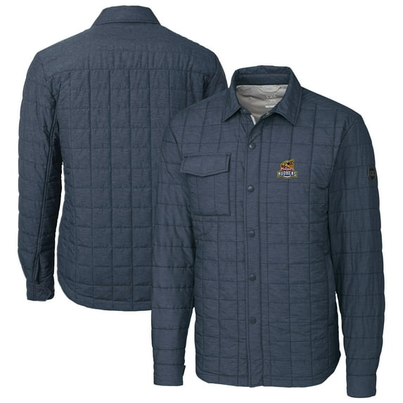 Men's Cutter & Buck Heather Navy Toledo Mud Hens Rainier PrimaLoft Eco Insulated Quilted Button-Up Shacket