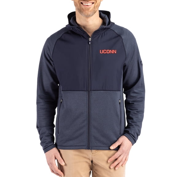 Men's Cutter & Buck Heather Navy UConn Huskies Peshastin Eco Fleece Recycled Raglan Full-Zip Tri-Blend Hybrid Jacket