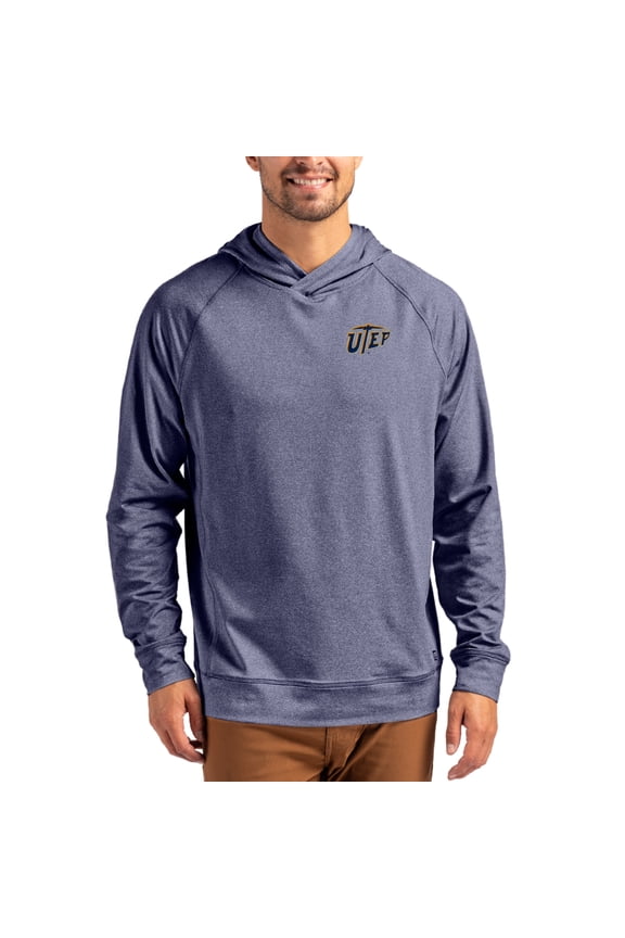 Men's Cutter & Buck Heather Navy UTEP Miners Primary Logo Adapt Knit Raglan Pullover Hoodie