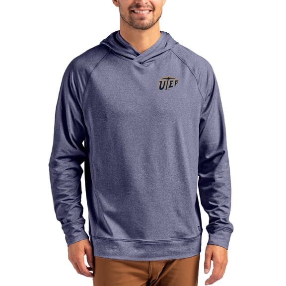 Men's Cutter & Buck Heather Navy UTEP Miners Primary Logo Adapt Knit Raglan Pullover Hoodie