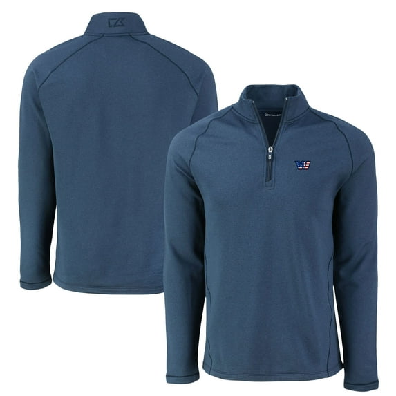 Men's Cutter & Buck Heather Navy Washington Commanders Peshastin Eco Fleece Tri-Blend Raglan Recycled Quarter-Zip