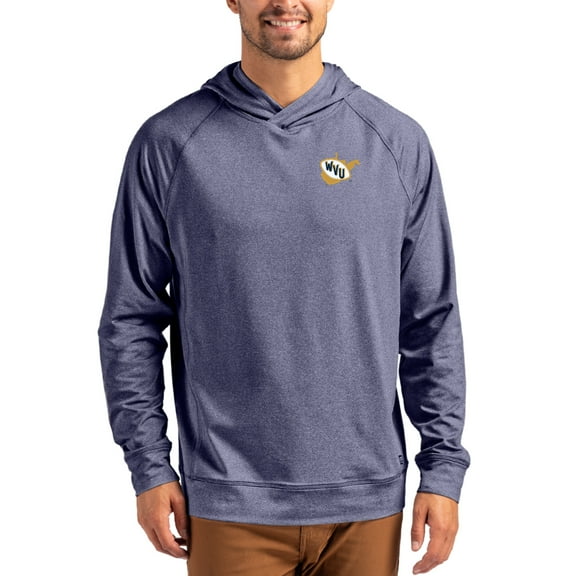 Men's Cutter & Buck Heather Navy West Virginia Mountaineers Vault Logo Adapt Knit Raglan Pullover Hoodie