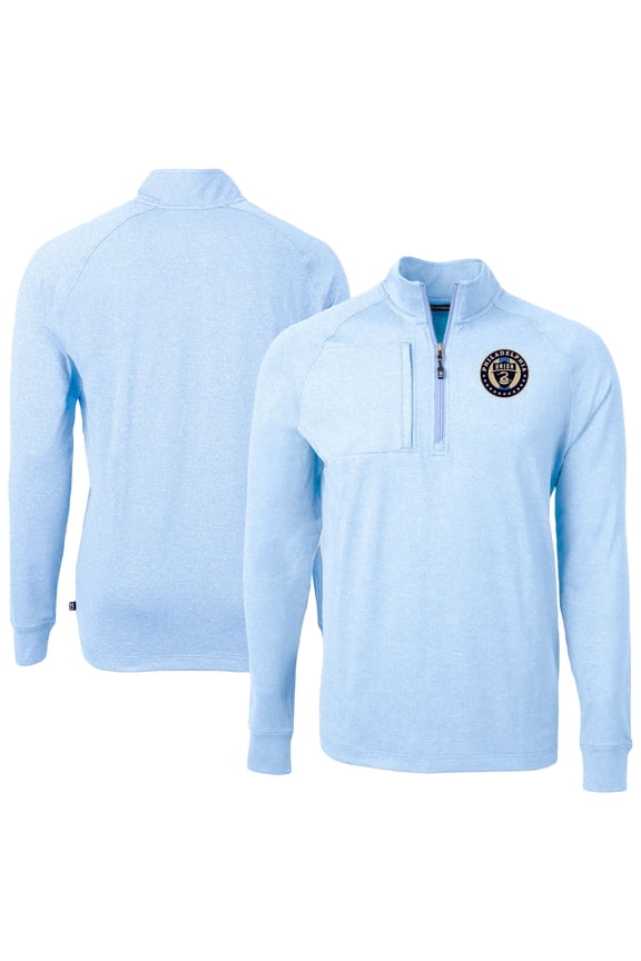 Men's-Cutter & Buck  Heather Powder Blue Philadelphia Union Adapt Eco Knit Heather Raglan Quarter-Zip Top