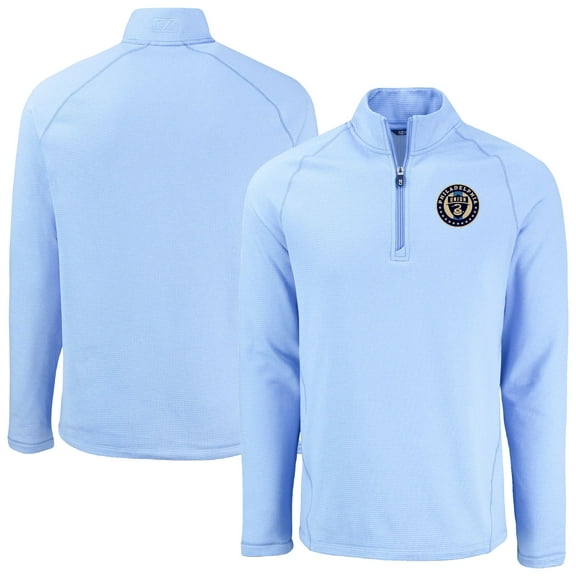 Men's-Cutter & Buck Heather Powder Blue Philadelphia Union Peshastin Eco Fleece Recycled Raglan Half-Zip Top