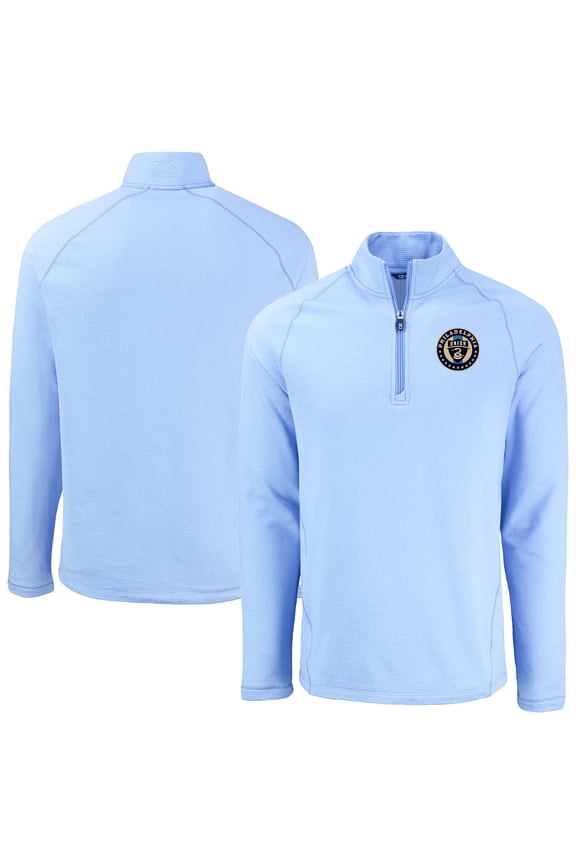 Men's-Cutter & Buck Heather Powder Blue Philadelphia Union Peshastin Eco Fleece Recycled Raglan Half-Zip Top