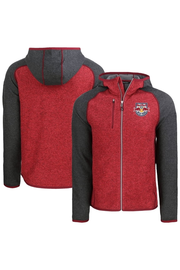 Men's-Cutter & Buck Heather Red New York Red Bulls Mainsail Raglan Full-Zip Hooded Jacket
