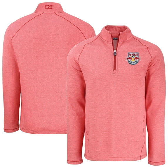 Men's-Cutter & Buck Heather Red New York Red Bulls Peshastin Eco Fleece Recycled Raglan Half-Zip Top