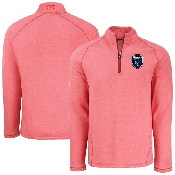 Men's-Cutter & Buck Heather Red San Jose Earthquakes Peshastin Eco Fleece Recycled Raglan Half-Zip Top