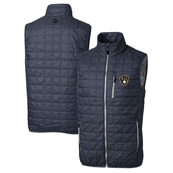 Men's Cutter & Buck Heathered Navy Milwaukee Brewers Rainier Full-Zip Puffer Vest