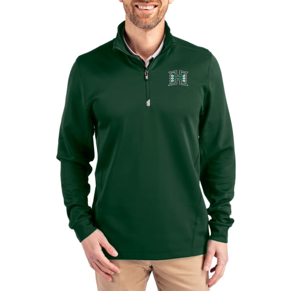 Men's-Cutter & Buck Hunter Green Hawaii Rainbow Warriors DryTec Traverse Stretch Eco Tri-Blend Quarter-Zip Pullover