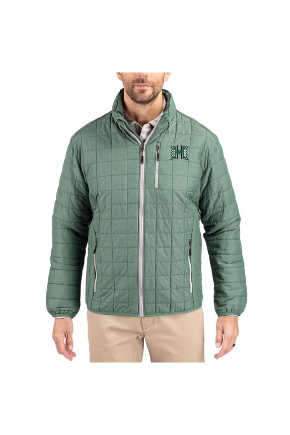 Men's-Cutter & Buck Hunter Green Hawaii Rainbow Warriors Rainier Eco Insulated PrimaLoft Full-Zip Puffer Jacket