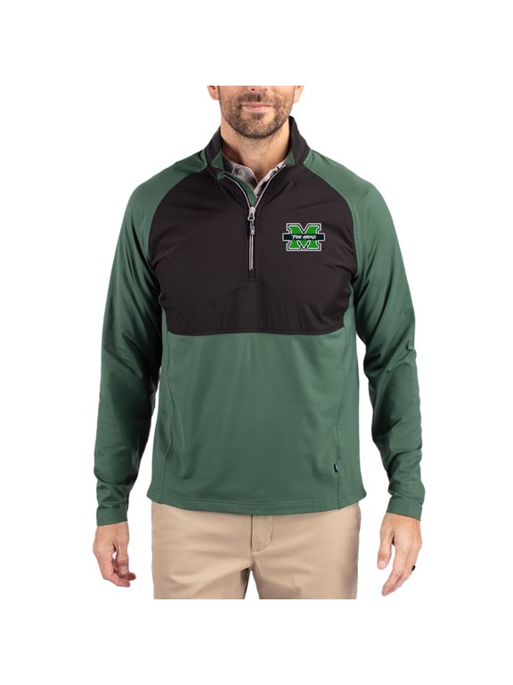 Men's Cutter & Buck Hunter Green Marshall Thundering Herd Adapt Eco Knit Hybrid Recycled Quarter-Zip Jacket